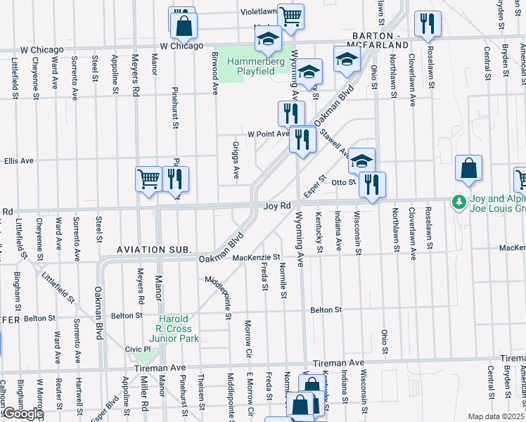 map of restaurants, bars, coffee shops, grocery stores, and more near 5491 Oakman Boulevard in Detroit