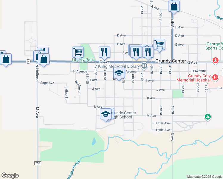 map of restaurants, bars, coffee shops, grocery stores, and more near 907 10th Street in Grundy Center