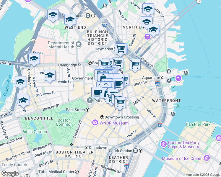 map of restaurants, bars, coffee shops, grocery stores, and more near 26 Court Street in Boston