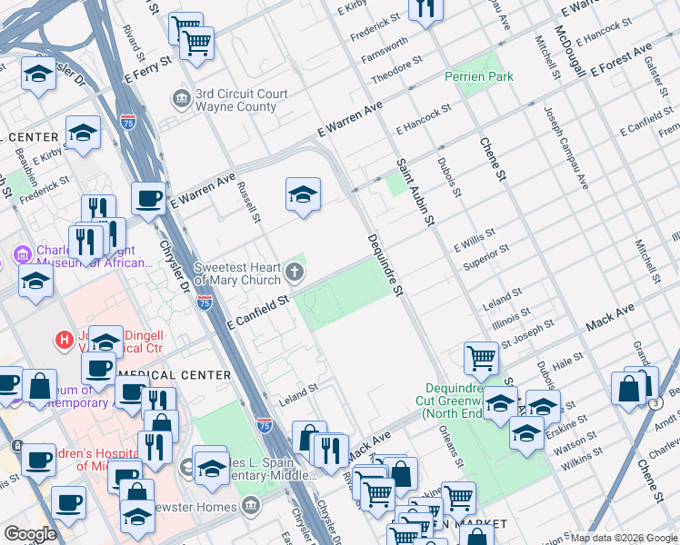 map of restaurants, bars, coffee shops, grocery stores, and more near 1614 East Canfield Street in Detroit