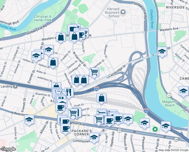 map of restaurants, bars, coffee shops, grocery stores, and more near 76 Empire Street in Boston