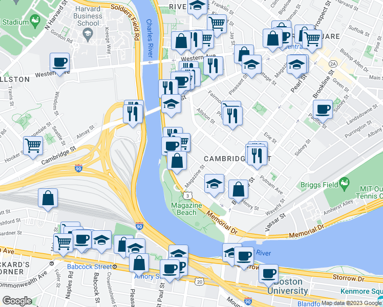 map of restaurants, bars, coffee shops, grocery stores, and more near 17 Florence Street in Cambridge