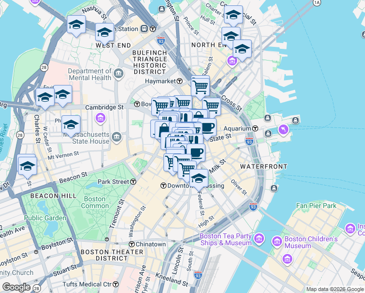 map of restaurants, bars, coffee shops, grocery stores, and more near 1 Boston Place in Boston