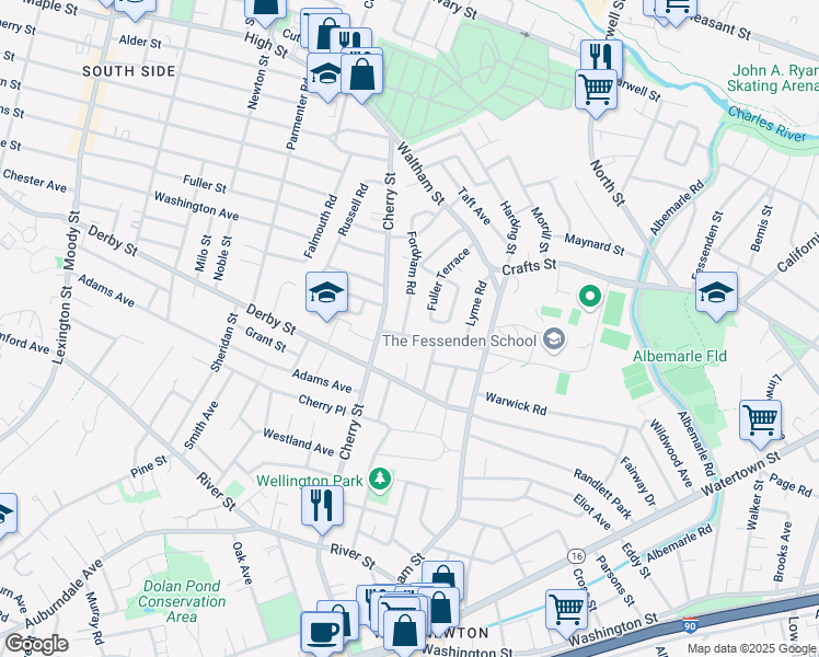 map of restaurants, bars, coffee shops, grocery stores, and more near 124 Fordham Road in Newton