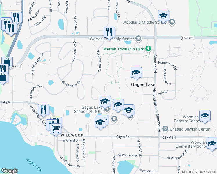 map of restaurants, bars, coffee shops, grocery stores, and more near 18099 West Washington Street in Gurnee