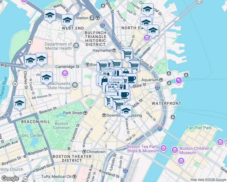 map of restaurants, bars, coffee shops, grocery stores, and more near in Boston