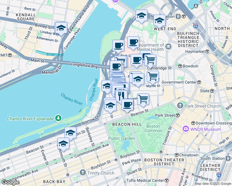 map of restaurants, bars, coffee shops, grocery stores, and more near 94 Pinckney Street in Boston