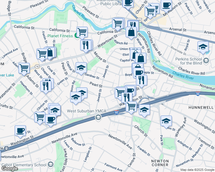 map of restaurants, bars, coffee shops, grocery stores, and more near 105 Pearl Street in Newton
