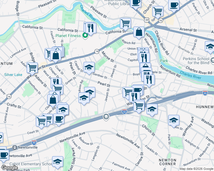 map of restaurants, bars, coffee shops, grocery stores, and more near Pearl Street in Newton