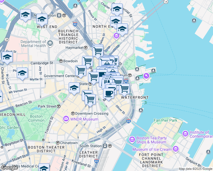 map of restaurants, bars, coffee shops, grocery stores, and more near 75 State Street in Boston