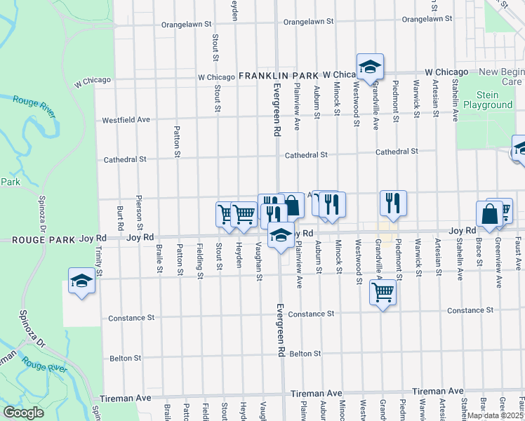 map of restaurants, bars, coffee shops, grocery stores, and more near 8865 Evergreen Road in Detroit