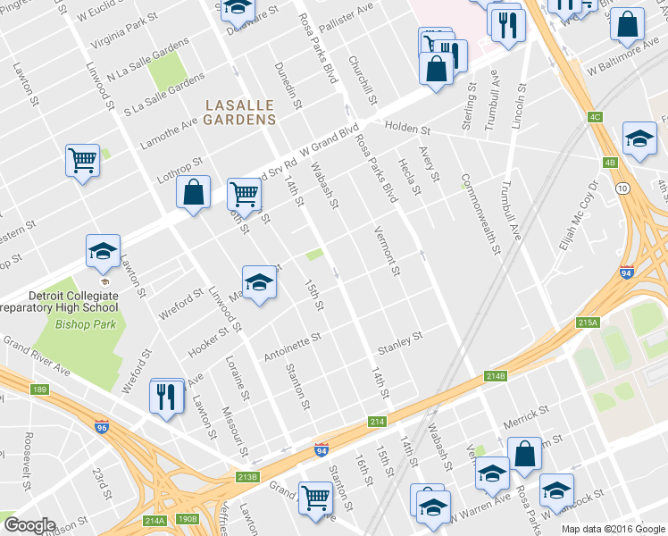map of restaurants, bars, coffee shops, grocery stores, and more near 6043 14th St in Detroit