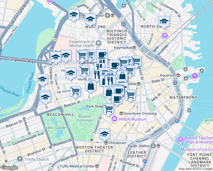 map of restaurants, bars, coffee shops, grocery stores, and more near 142-144 Bowdoin Street in Boston