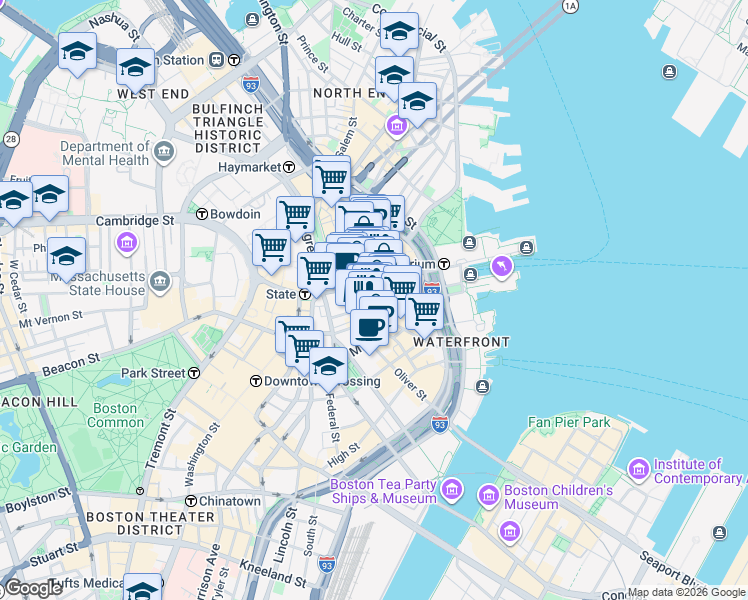 map of restaurants, bars, coffee shops, grocery stores, and more near 15 Broad Street in Boston