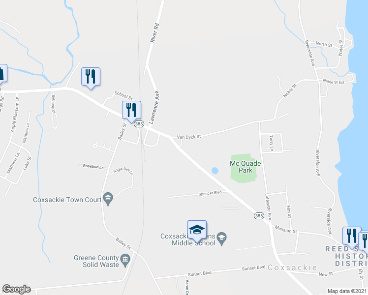 map of restaurants, bars, coffee shops, grocery stores, and more near 173 Mansion Street in Coxsackie