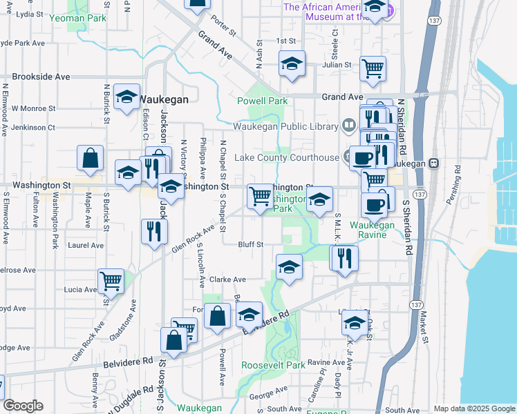 map of restaurants, bars, coffee shops, grocery stores, and more near 32 South Park Avenue in Waukegan