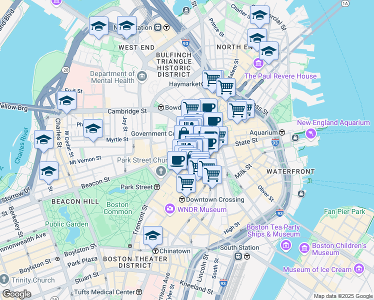 map of restaurants, bars, coffee shops, grocery stores, and more near 29 Court Square in Boston
