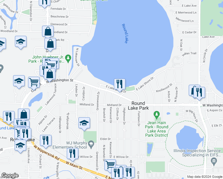 map of restaurants, bars, coffee shops, grocery stores, and more near 29 East Lake Shore Drive in Round Lake Park