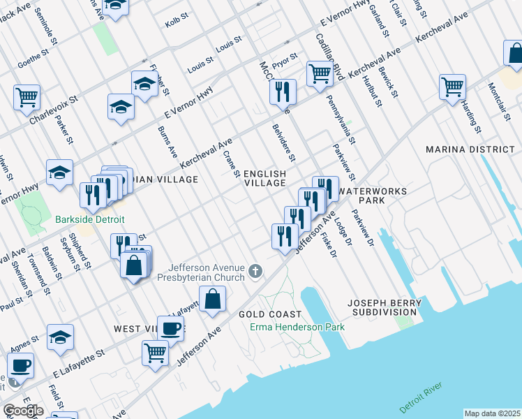 map of restaurants, bars, coffee shops, grocery stores, and more near 1330 Crane Street in Detroit