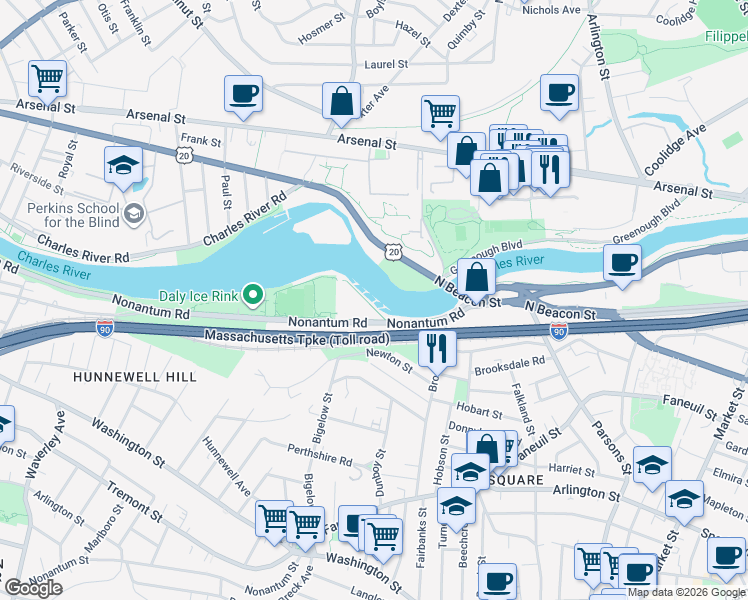 map of restaurants, bars, coffee shops, grocery stores, and more near 130 Nonantum Road in Boston