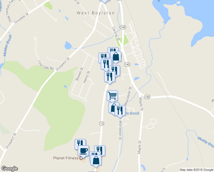 map of restaurants, bars, coffee shops, grocery stores, and more near 70 West Boylston Street in West Boylston