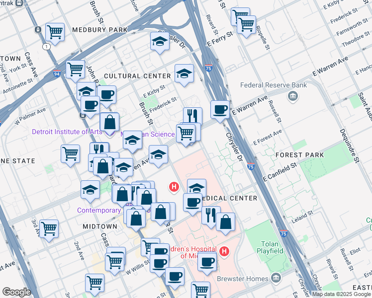 map of restaurants, bars, coffee shops, grocery stores, and more near 500 East Warren Avenue in Detroit