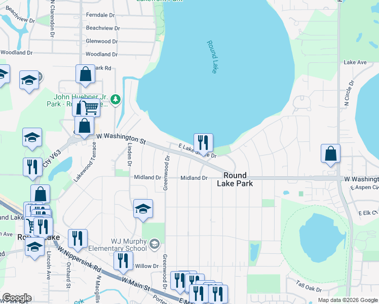 map of restaurants, bars, coffee shops, grocery stores, and more near 101 East Lake Shore Drive in Round Lake Park
