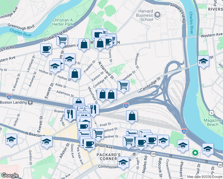 map of restaurants, bars, coffee shops, grocery stores, and more near in Boston