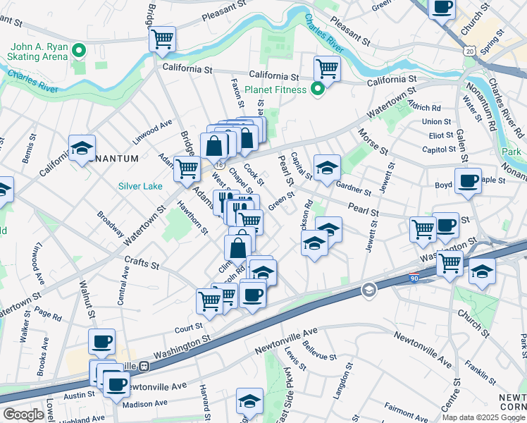 map of restaurants, bars, coffee shops, grocery stores, and more near 221 Chapel Street in Newton