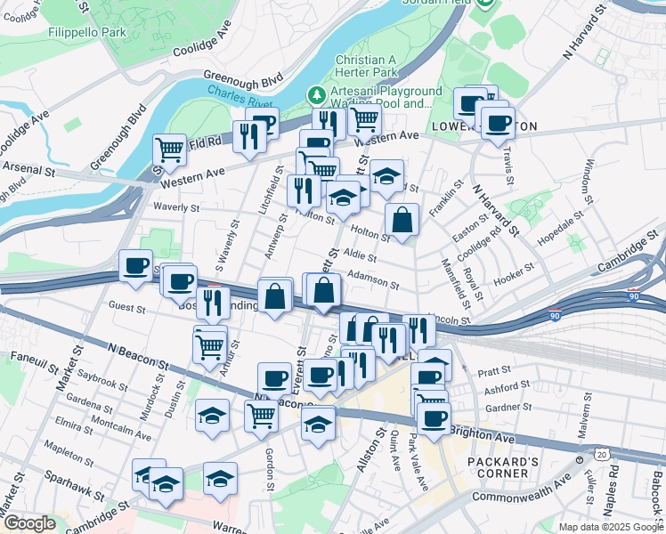 map of restaurants, bars, coffee shops, grocery stores, and more near 163 Everett Street in Boston