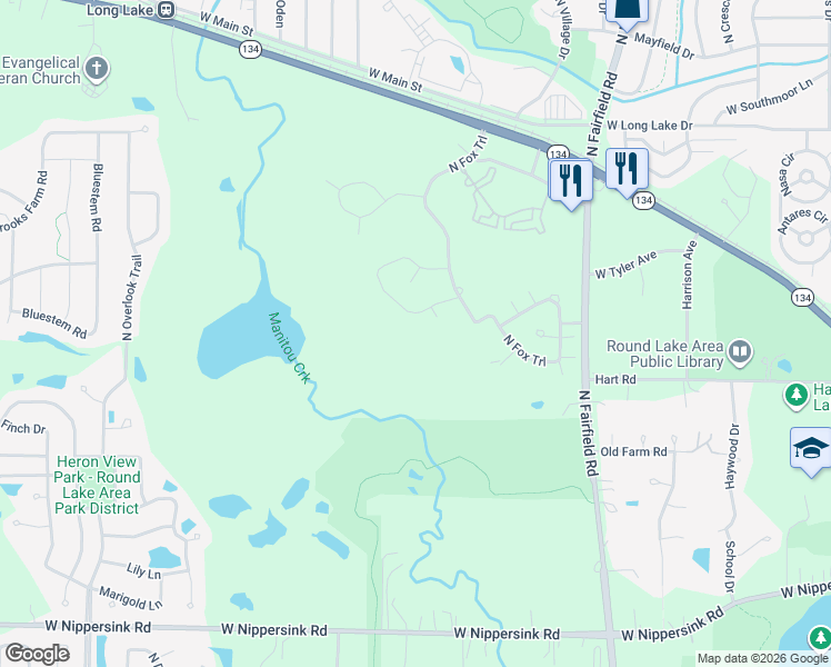 map of restaurants, bars, coffee shops, grocery stores, and more near 1722 West Turtle Creek Lane in Round Lake