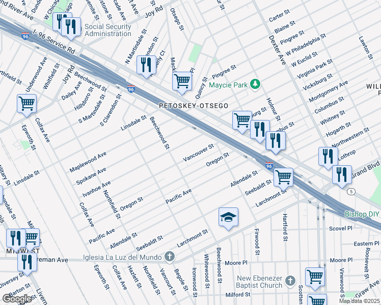 map of restaurants, bars, coffee shops, grocery stores, and more near 4622 Vancouver Street in Detroit