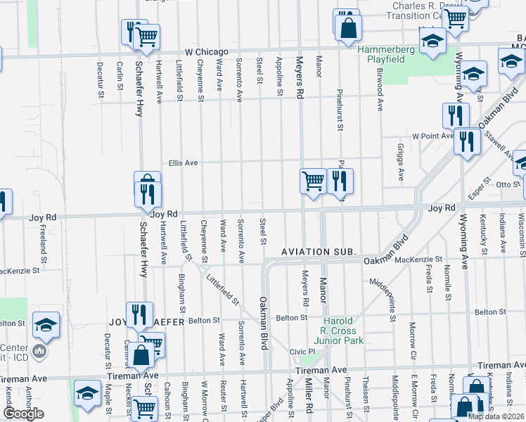 map of restaurants, bars, coffee shops, grocery stores, and more near Joy Rd & Steel Ave in Detroit