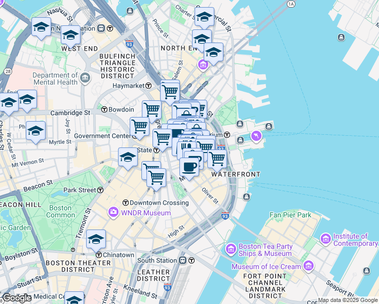 map of restaurants, bars, coffee shops, grocery stores, and more near 75 State Street in Boston
