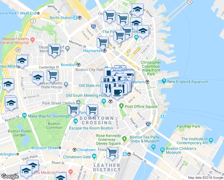 map of restaurants, bars, coffee shops, grocery stores, and more near 48 State Street in Boston