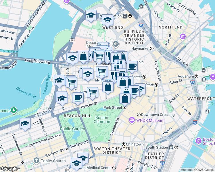 map of restaurants, bars, coffee shops, grocery stores, and more near 49 Mount Vernon Street in Boston