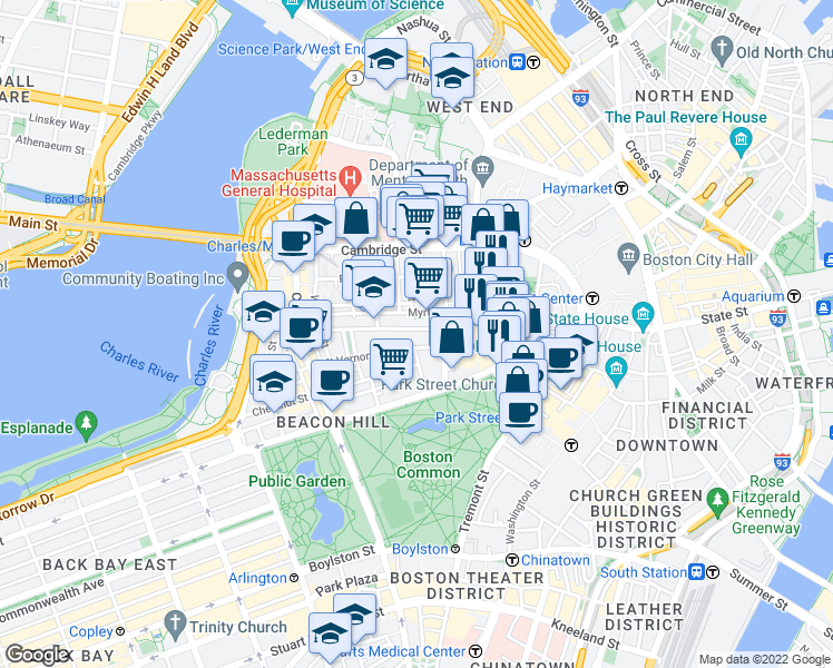 map of restaurants, bars, coffee shops, grocery stores, and more near 49 Mount Vernon Street in Boston