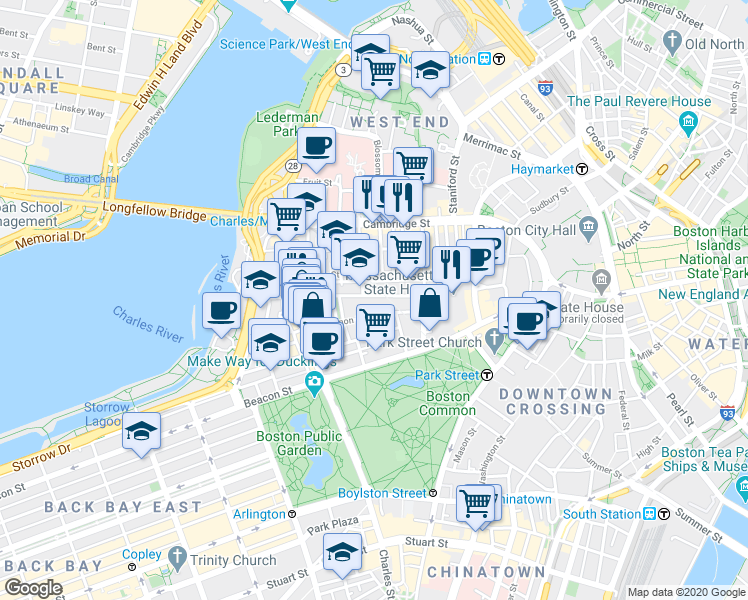 map of restaurants, bars, coffee shops, grocery stores, and more near in Boston