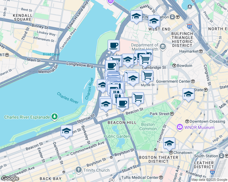 map of restaurants, bars, coffee shops, grocery stores, and more near 121 Pinckney Street in Boston