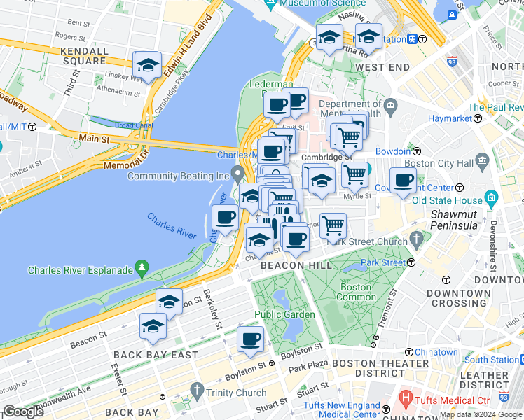 map of restaurants, bars, coffee shops, grocery stores, and more near 94 Pinckney Street in Boston