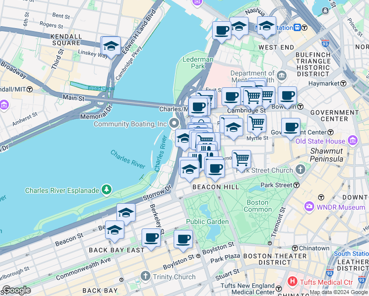 map of restaurants, bars, coffee shops, grocery stores, and more near 94 Pinckney Street in Boston