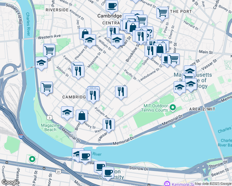 map of restaurants, bars, coffee shops, grocery stores, and more near 170 Sidney Street in Cambridge