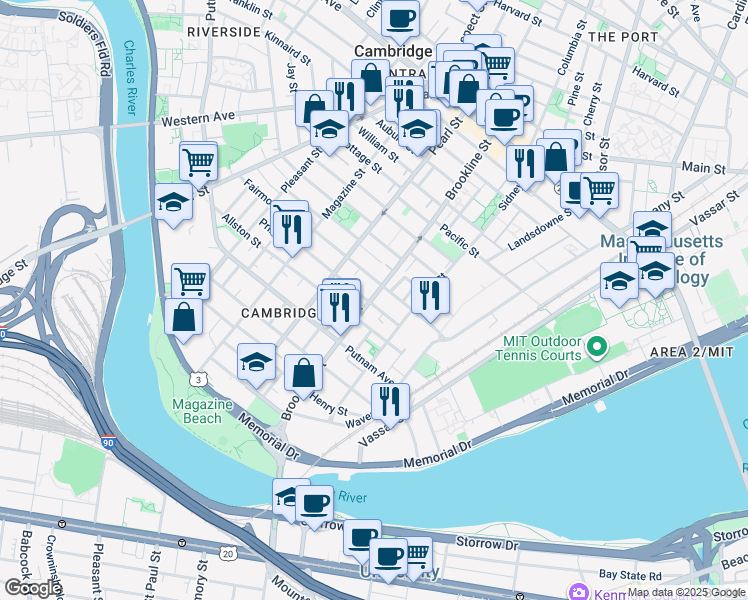 map of restaurants, bars, coffee shops, grocery stores, and more near 93 Hamilton Street in Cambridge