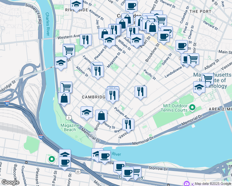 map of restaurants, bars, coffee shops, grocery stores, and more near 129 Allston Street in Cambridge