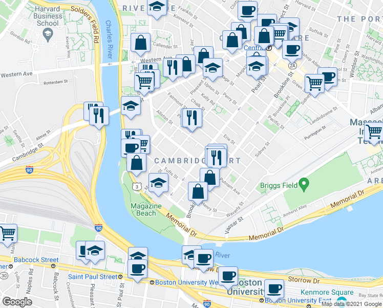 map of restaurants, bars, coffee shops, grocery stores, and more near 1 Newton Street in Cambridge