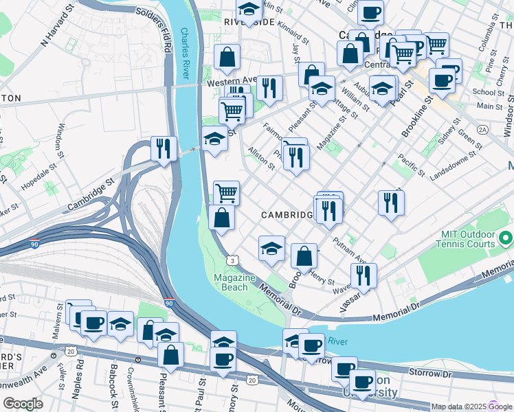 map of restaurants, bars, coffee shops, grocery stores, and more near 139 Magazine Street in Cambridge