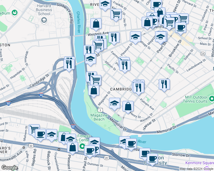 map of restaurants, bars, coffee shops, grocery stores, and more near 139 Magazine Street in Cambridge