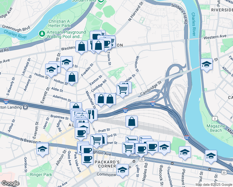 map of restaurants, bars, coffee shops, grocery stores, and more near 76 Empire Street in Boston