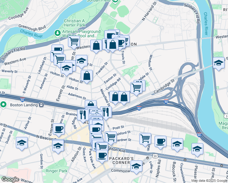 map of restaurants, bars, coffee shops, grocery stores, and more near 10 Holman Street in Boston