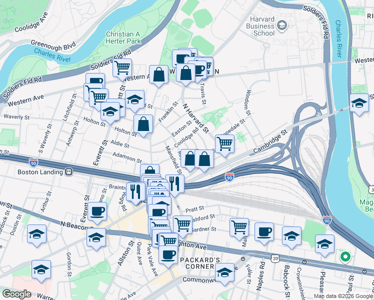 map of restaurants, bars, coffee shops, grocery stores, and more near 10 Holman Street in Boston